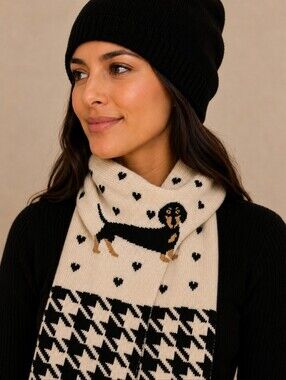 BARK Houndstooth Hearts Dachshund Knit Scarf and Black Beanie Set